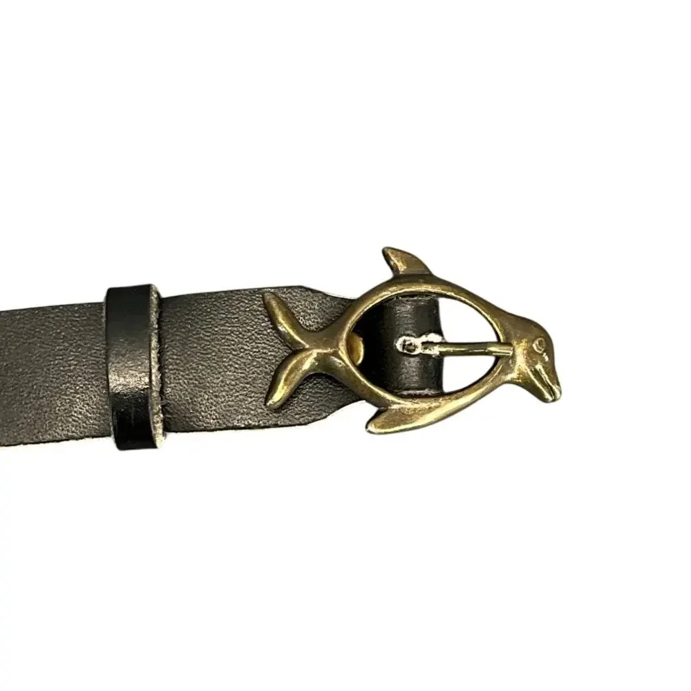 Black Genuine Leather Belt Flipper Dolphin Brass Buckle 32.5” - 35.5”